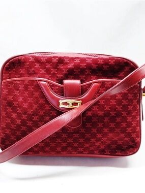 Authentic Celine Burgundy Suede and Leather Crossbody Bag with Gold Hardware